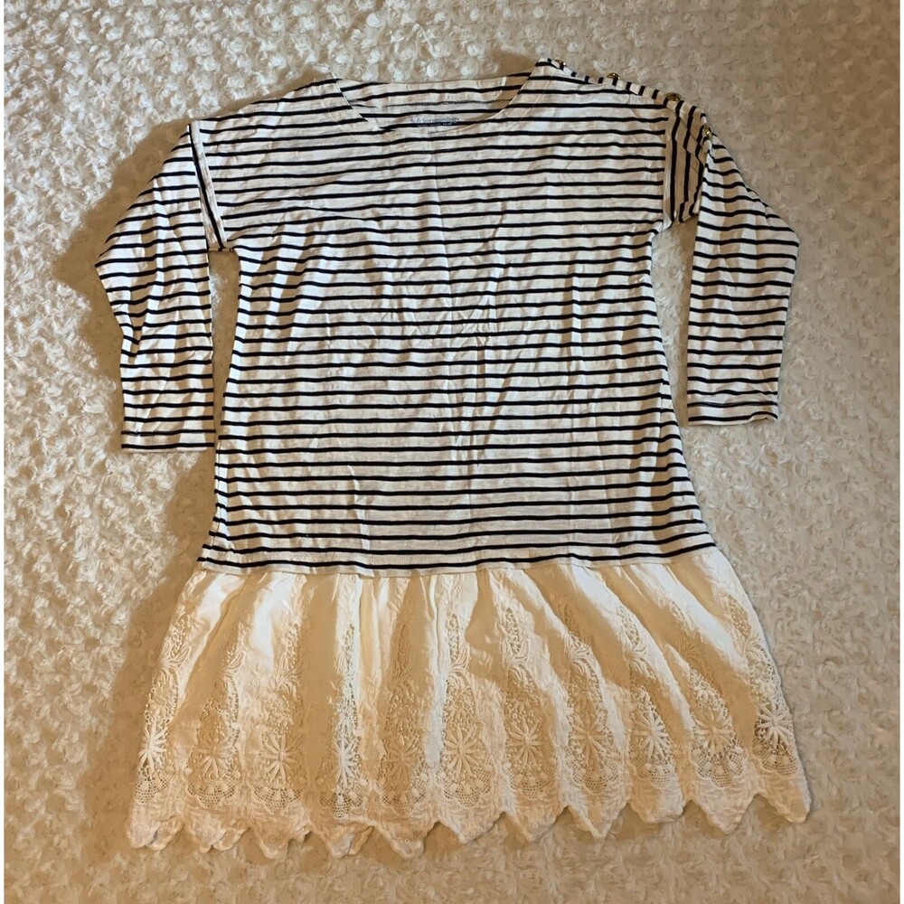 Soft Surroundings Left Bank Dress Petite Small Striped Nautical Lace detail